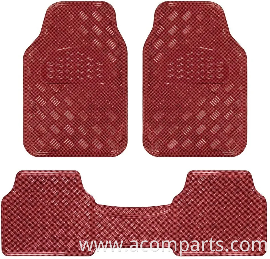 Universal Fit 3-Piece Set Metallic Design Car Floor Mat-Heavy Duty All Weather with Rubber Backing (Wine Red)